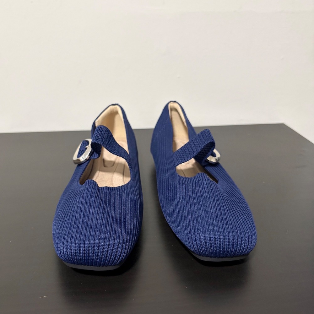 Navy Blue Knit Mary Jane Flats Square Toe Buckle Strap Shoes Size 36
